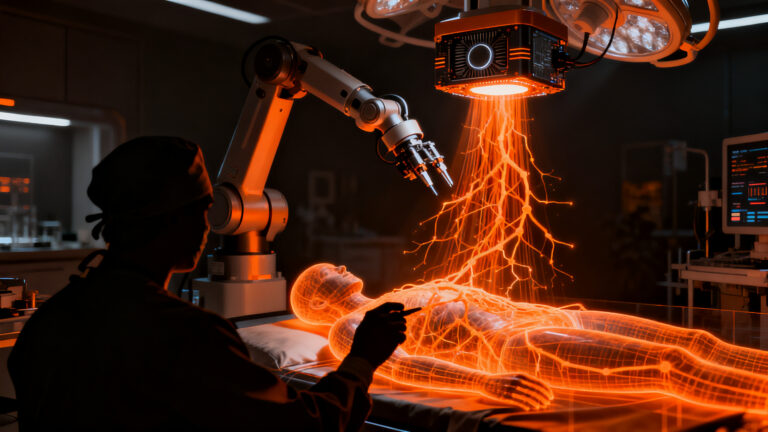 Cirujano robótico impulsado por IA de Nvidia operando en un entorno de simulación física avanzada, representando la revolución en salud DeepTech.