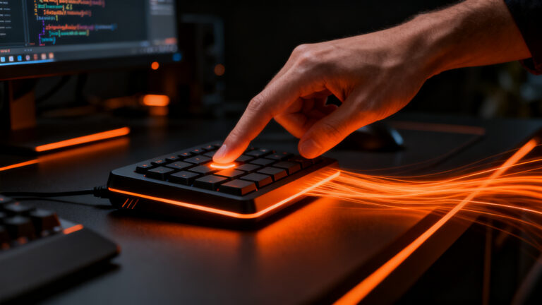 Desarrollador profesional utilizando el macro pad OpenAI Codex Micro en un entorno de trabajo de alta productividad.