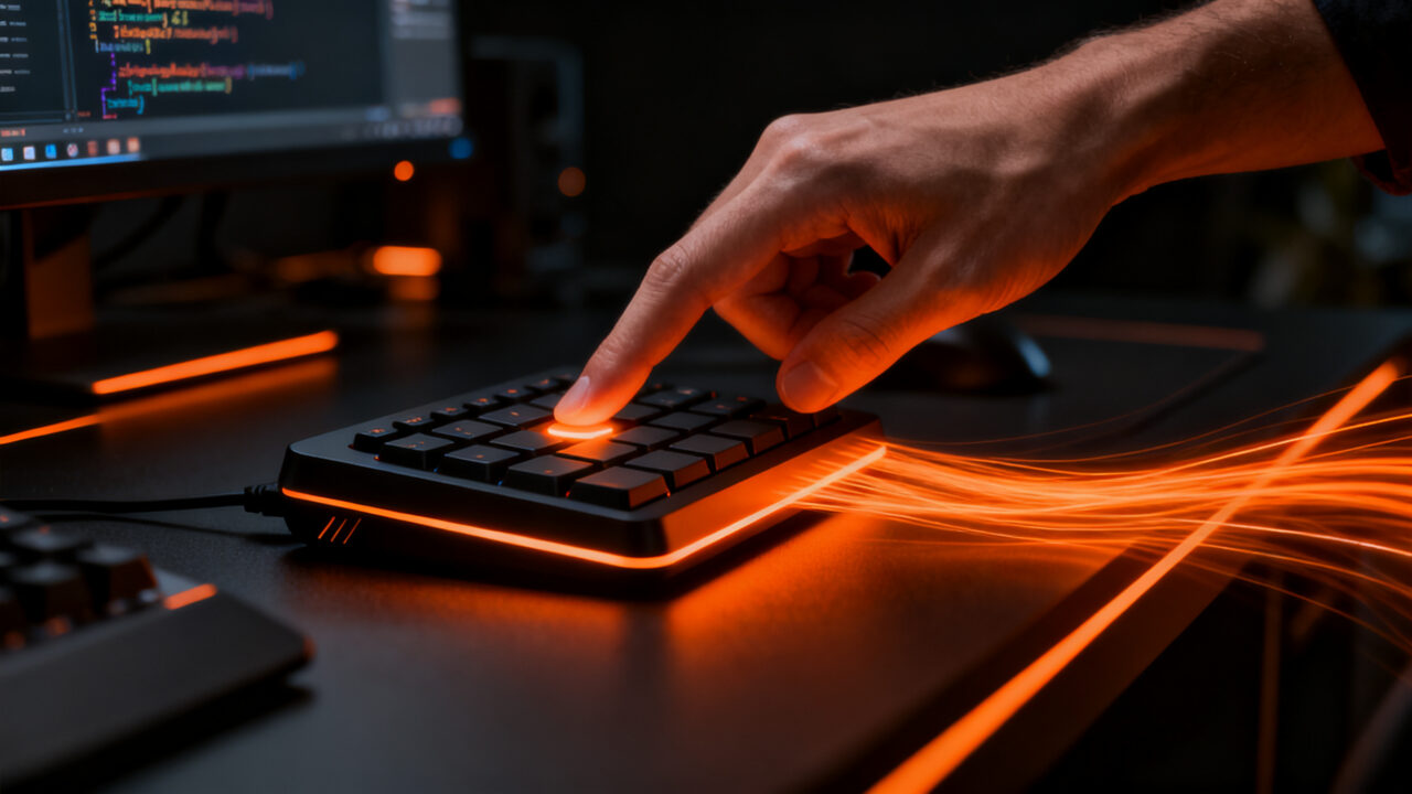 Desarrollador profesional utilizando el macro pad OpenAI Codex Micro en un entorno de trabajo de alta productividad.