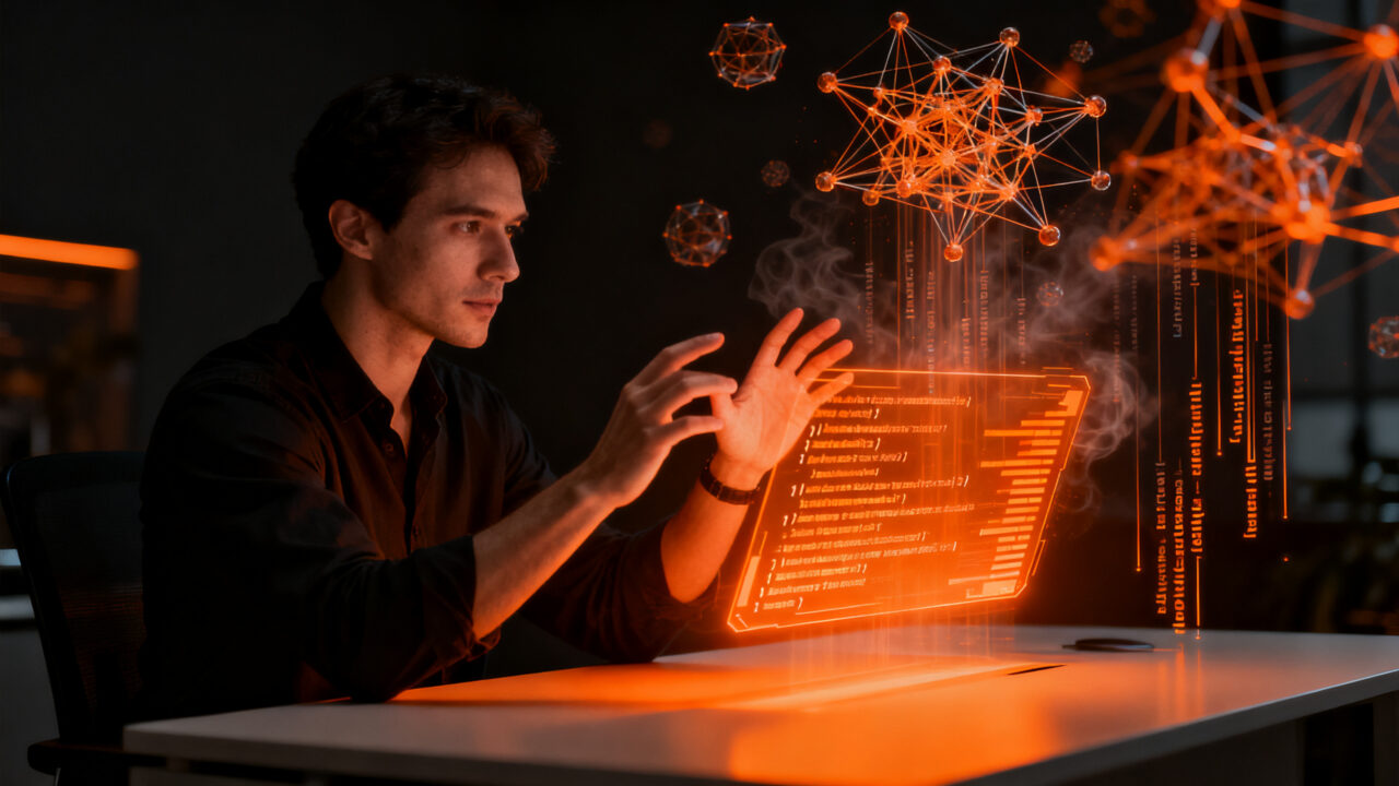 Desarrollador tech utilizando OpenAI GPT-Live para codificación por voz manos libres, representando el futuro de la programación con IA en 2026.