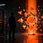 Concepto de ciberseguridad en IA autónoma: un experto analizando una brecha de seguridad digital en un entorno de alta tecnología.