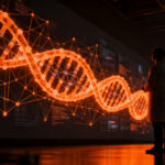Investigador analizando red de datos genómicos a gran escala para medicina de precisión en HealthTech.