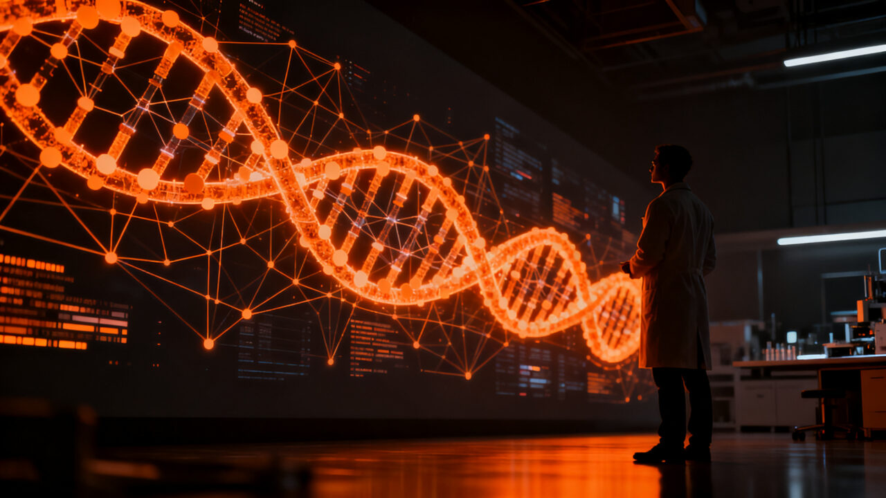 Investigador analizando red de datos genómicos a gran escala para medicina de precisión en HealthTech.