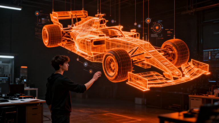 Estudiante interactuando con un modelo 3D de ingeniería de Fórmula 1, representando la innovación en edtech y gamificación.