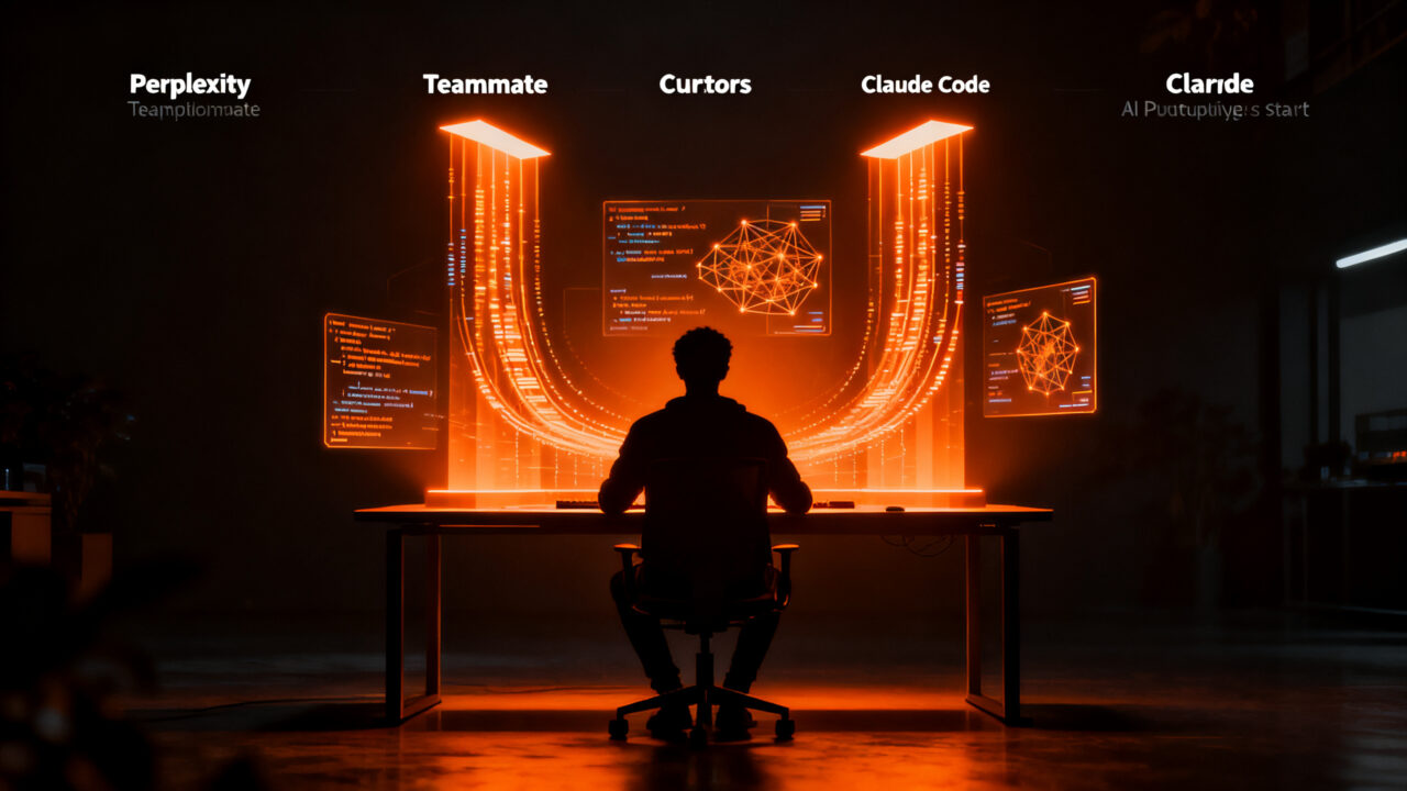 Desarrollador trabajando con herramientas de inteligencia artificial avanzadas para codificación en el entorno startup de 2026.