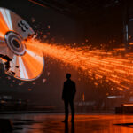 Transición digital en la industria gaming: un ejecutivo observa el fin de los discos físicos frente a una red de datos digital.