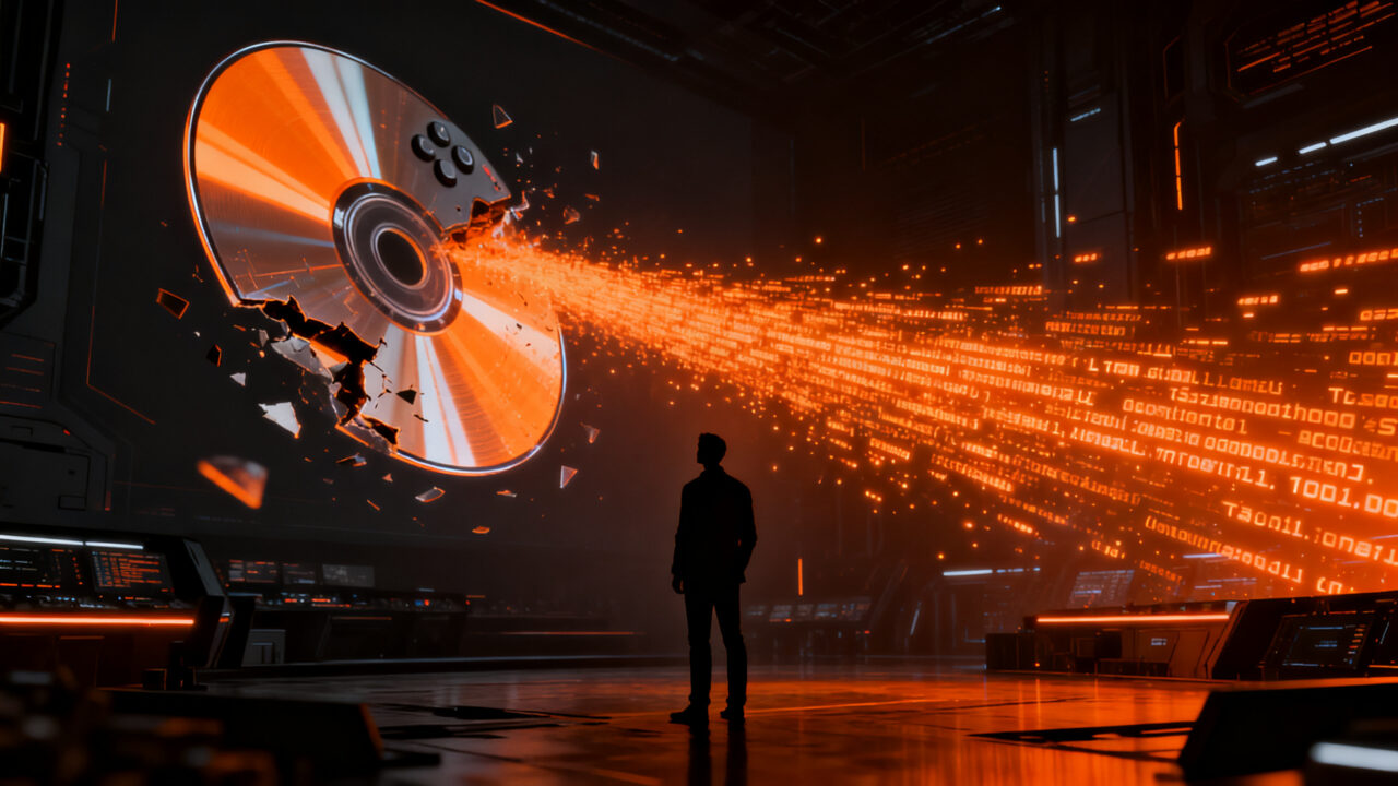 Transición digital en la industria gaming: un ejecutivo observa el fin de los discos físicos frente a una red de datos digital.