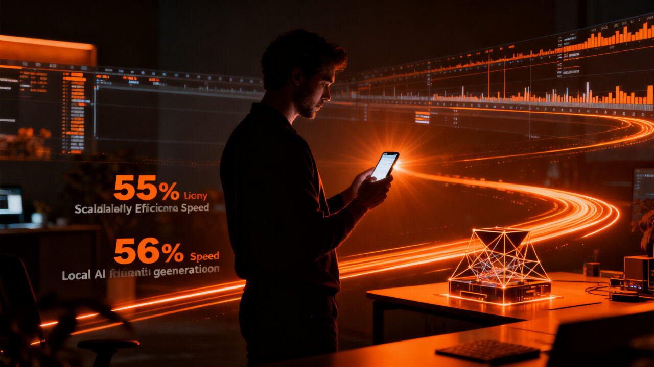 Emprendedor trabajando con smartphone de alto rendimiento, representando la eficiencia tecnológica y productividad para startups en 2026.
