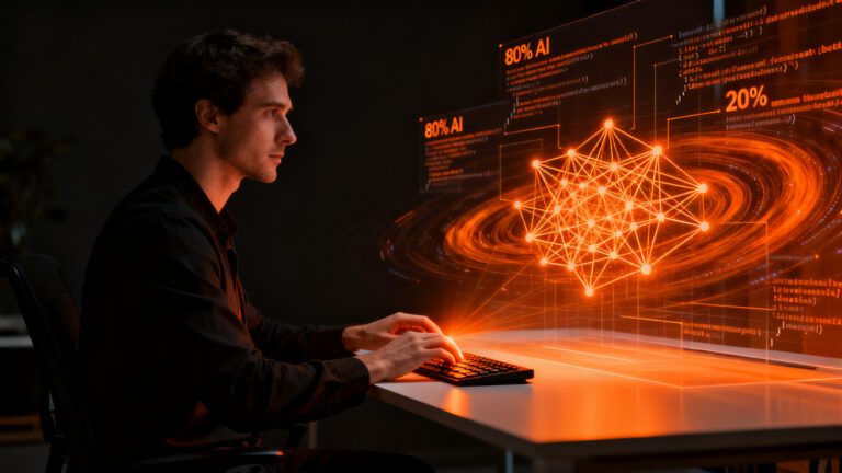 Programador founder utilizando IA en 2026, controlando la estrategia del código para startups.