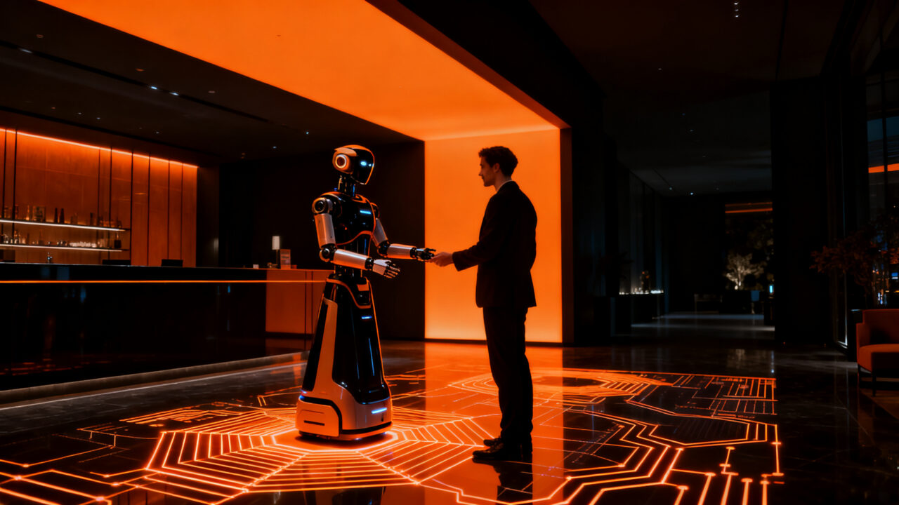 Hotel operado por robots de Pudu Robotics, representando la automatización hotelera y la IA física en el sector turístico.