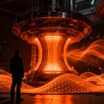 Un investigador observa un reactor de fusión nuclear de alta tecnología, simbolizando el avance de la energía limpia y la deep tech.