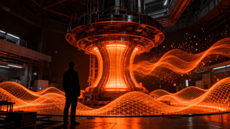 Un investigador observa un reactor de fusión nuclear de alta tecnología, simbolizando el avance de la energía limpia y la deep tech.