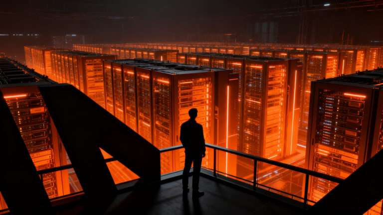 Un emprendedor observando una red compleja de centros de datos de IA bajo una atmósfera de tensión regulatoria y oposición social.
