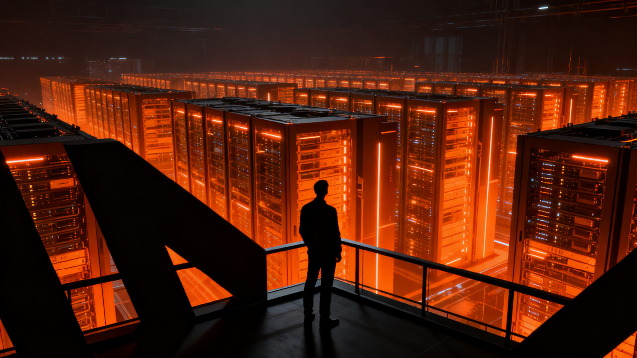 Un emprendedor observando una red compleja de centros de datos de IA bajo una atmósfera de tensión regulatoria y oposición social.