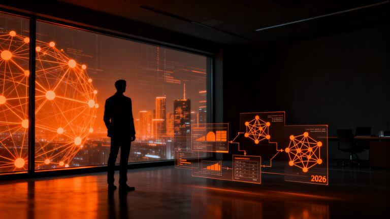 Líder de startup analizando datos de habilidades digitales y talento tech para 2026 en un entorno empresarial futurista.