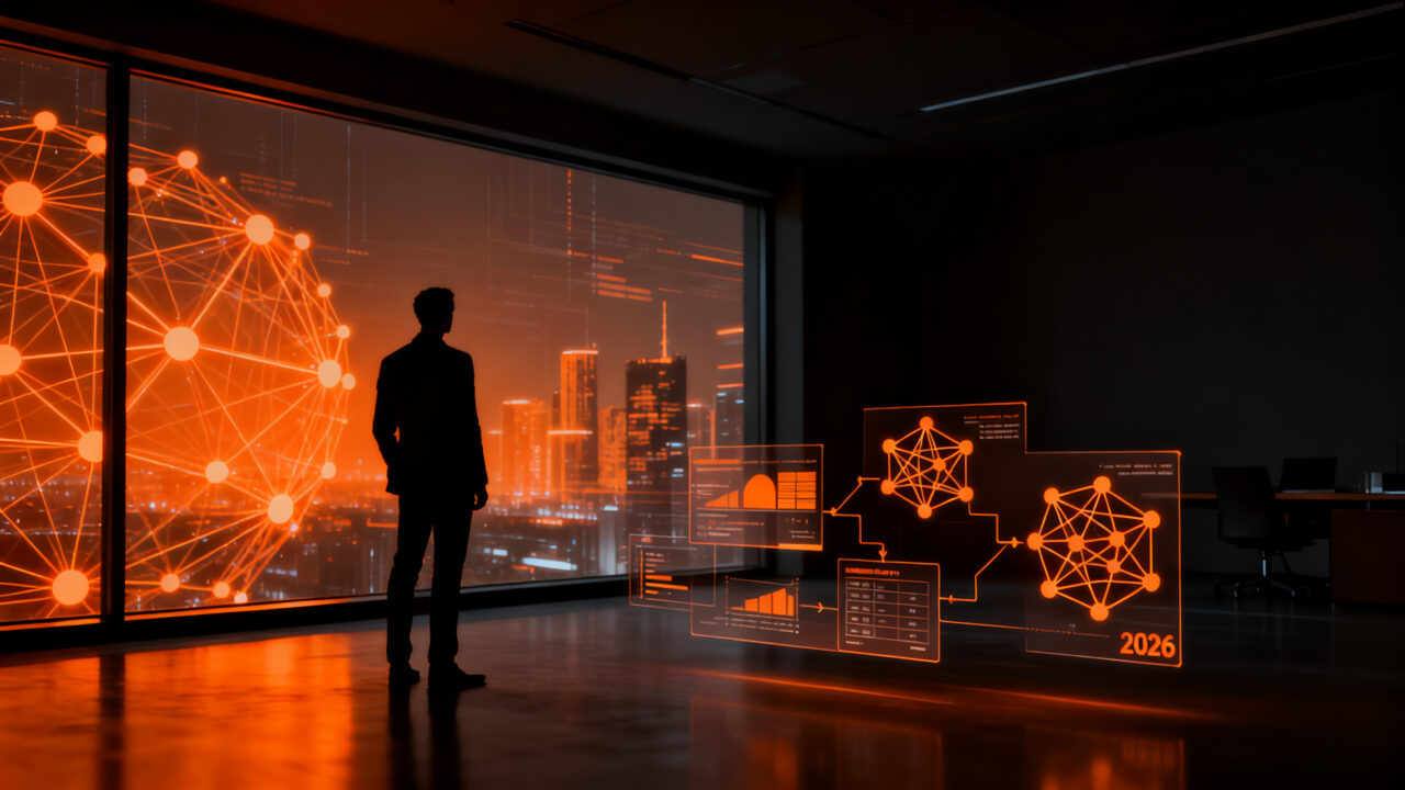 Líder de startup analizando datos de habilidades digitales y talento tech para 2026 en un entorno empresarial futurista.