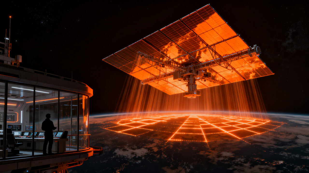 Satélite espejo de Reflect Orbital orbitando la Tierra, representando la innovación en energía solar espacial y deeptech.
