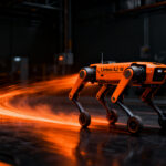 Robot cuadrúpedo híbrido Unitree AS2-W con ruedas en un entorno de automatización industrial, representando las tendencias tecnológicas de 2026.