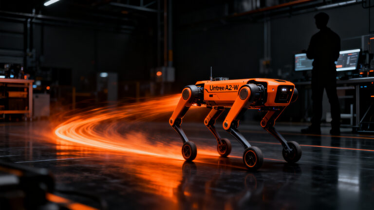 Robot cuadrúpedo híbrido Unitree AS2-W con ruedas en un entorno de automatización industrial, representando las tendencias tecnológicas de 2026.