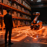 Robots de logística con inteligencia artificial operando en un centro de distribución, simbolizando la innovación abierta entre Theker y Mango.