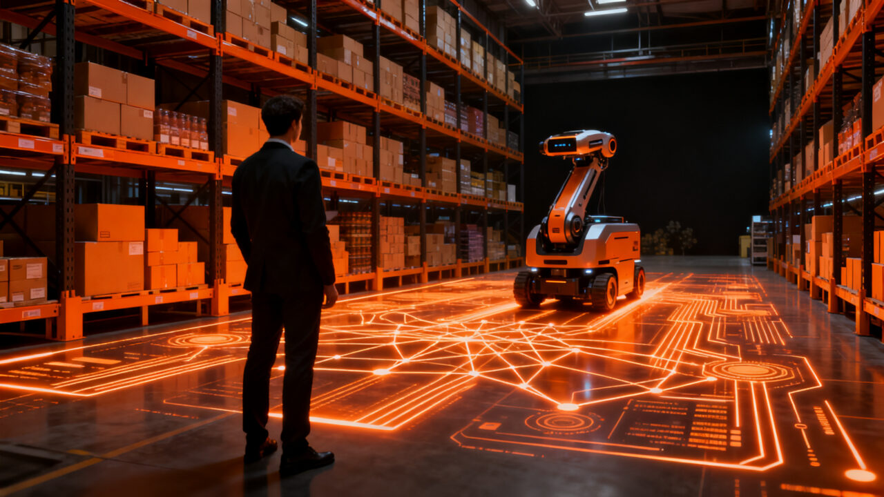 Robots de logística con inteligencia artificial operando en un centro de distribución, simbolizando la innovación abierta entre Theker y Mango.