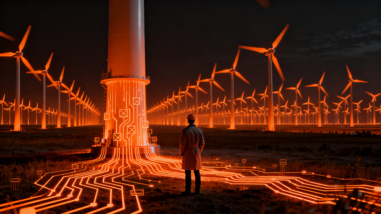 Parque eólico masivo representando la soberanía energética y la infraestructura de energías renovables en Rusia.