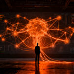 Empresario visionario analizando redes neuronales de inteligencia artificial, estrategia de escalabilidad para startups en 2026.