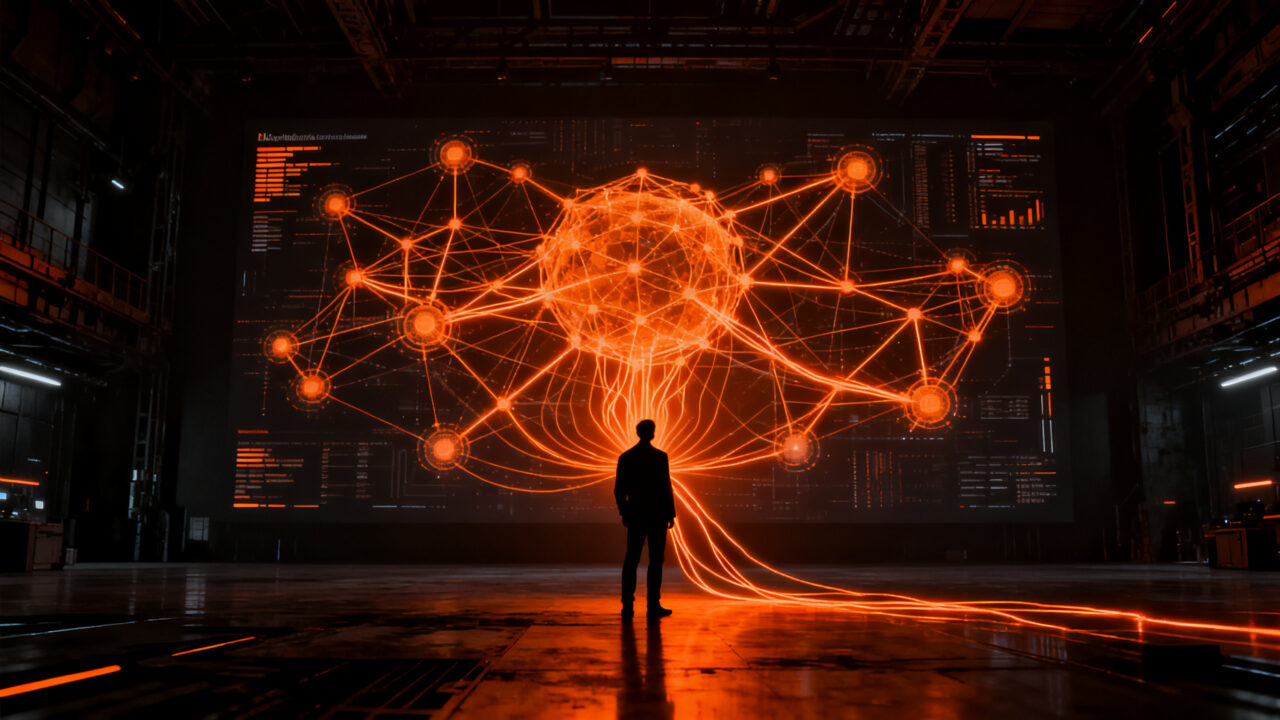 Empresario visionario analizando redes neuronales de inteligencia artificial, estrategia de escalabilidad para startups en 2026.