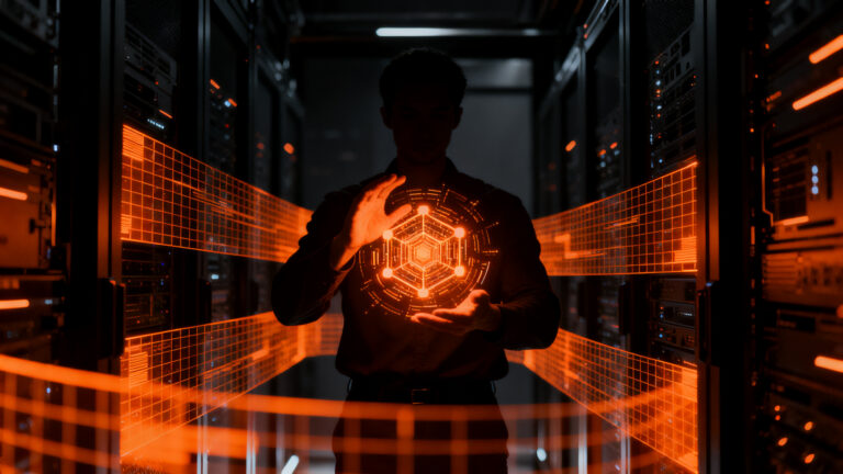 Seguridad de datos en startups: profesional protegiendo información sensible ante riesgos de privacidad en IA.
