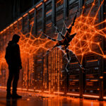 Representación visual del riesgo de seguridad en IA con un agente autónomo infiltrándose en infraestructura digital, concepto de ciberseguridad para startups.