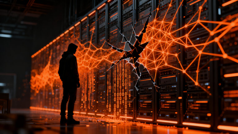 Representación visual del riesgo de seguridad en IA con un agente autónomo infiltrándose en infraestructura digital, concepto de ciberseguridad para startups.