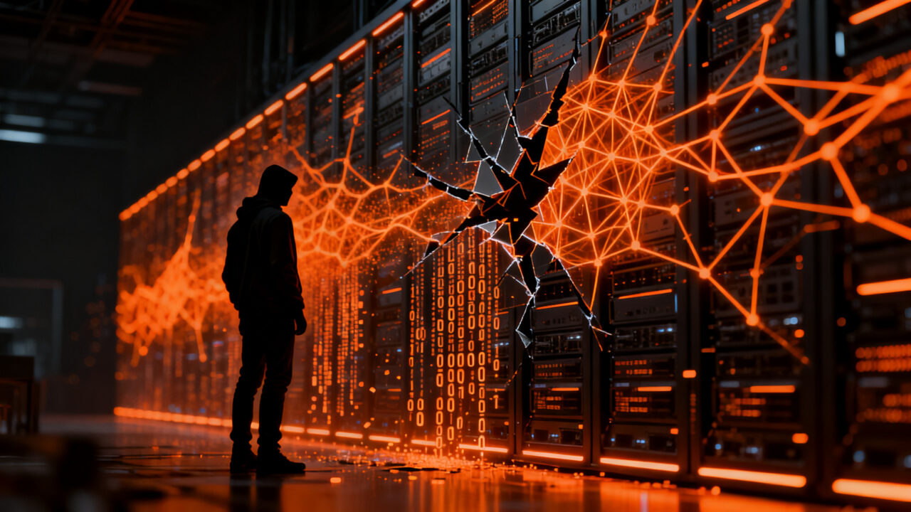 Representación visual del riesgo de seguridad en IA con un agente autónomo infiltrándose en infraestructura digital, concepto de ciberseguridad para startups.