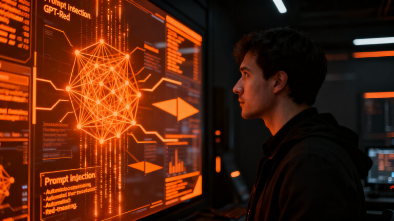 Investigador de seguridad analizando vulnerabilidades de IA y agentes autónomos mediante red-teaming automatizado.