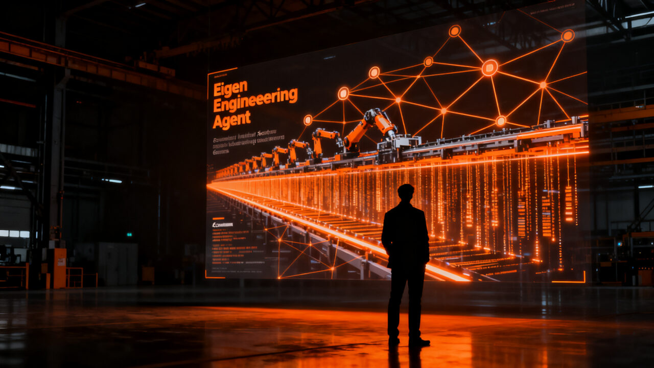 Silueta de ingeniero ante una red de IA industrial en Siemens Xcelerator, representando la automatización y eficiencia en la Industria 4.0.