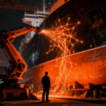Automatización y robótica colaborativa en astilleros navales, representando la innovación industrial 4.0.