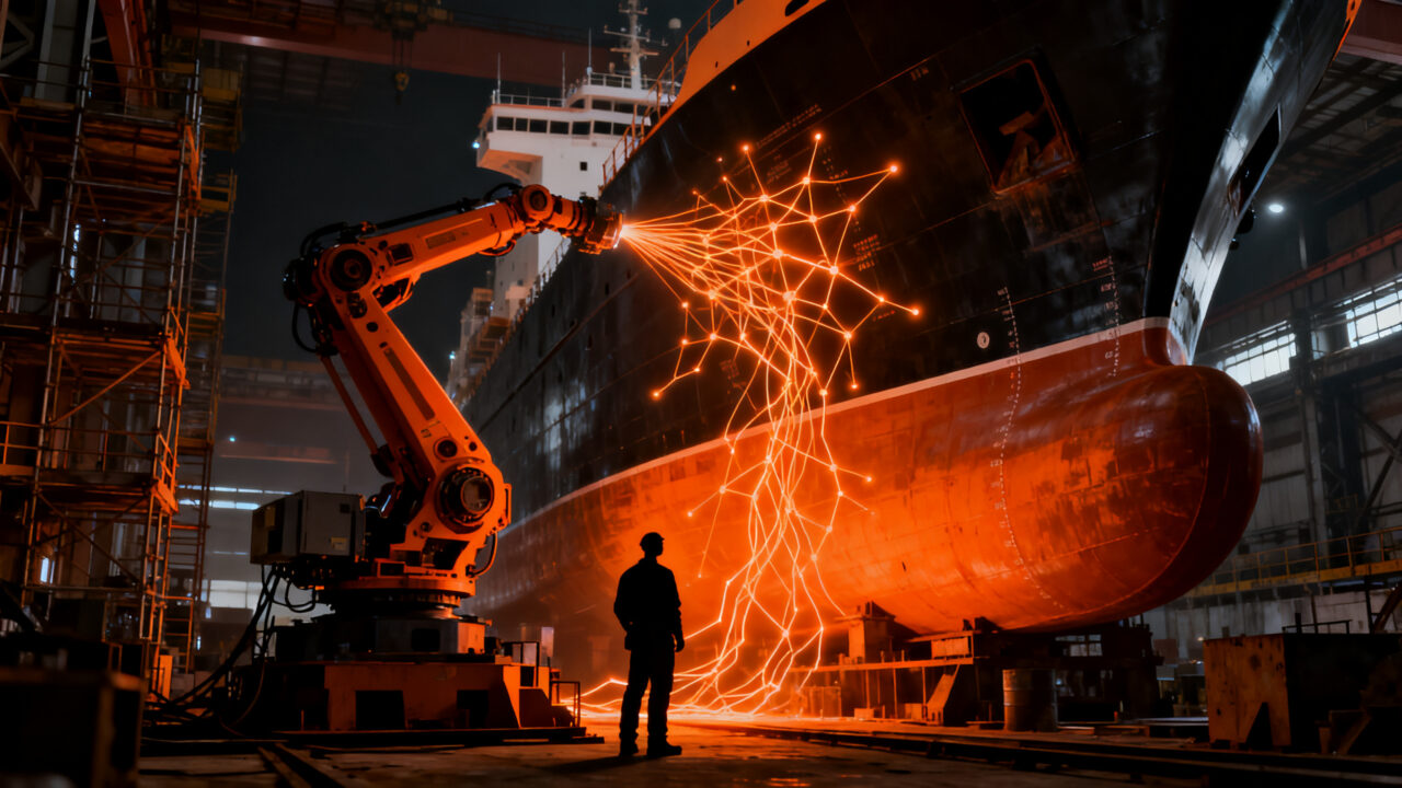 Automatización y robótica colaborativa en astilleros navales, representando la innovación industrial 4.0.