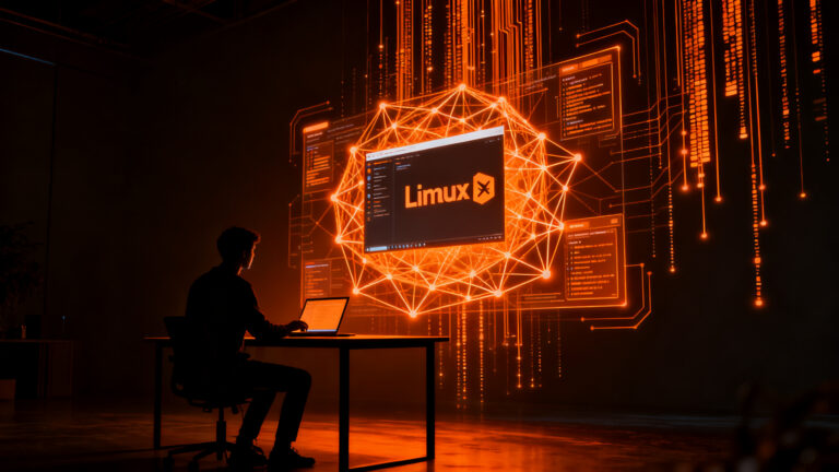 Desarrollador trabajando en una interfaz de escritorio Linux con IA, representando el apalancamiento tecnológico y la productividad startup.