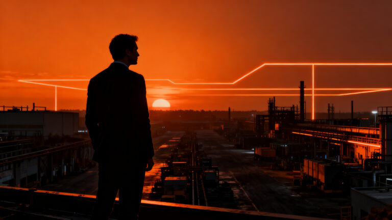Silueta de un ejecutivo observando el cierre de una planta industrial, representando la transición hacia la electrificación y la gestión de crisis en startups.