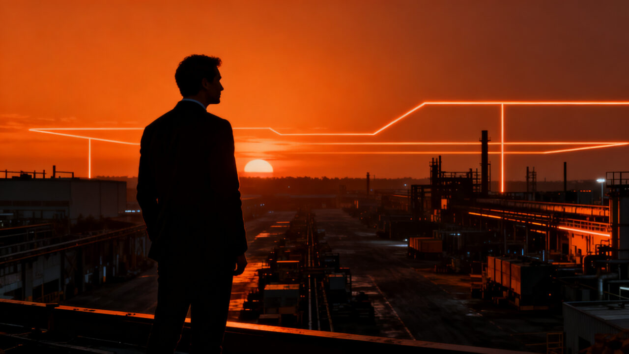 Silueta de un ejecutivo observando el cierre de una planta industrial, representando la transición hacia la electrificación y la gestión de crisis en startups.