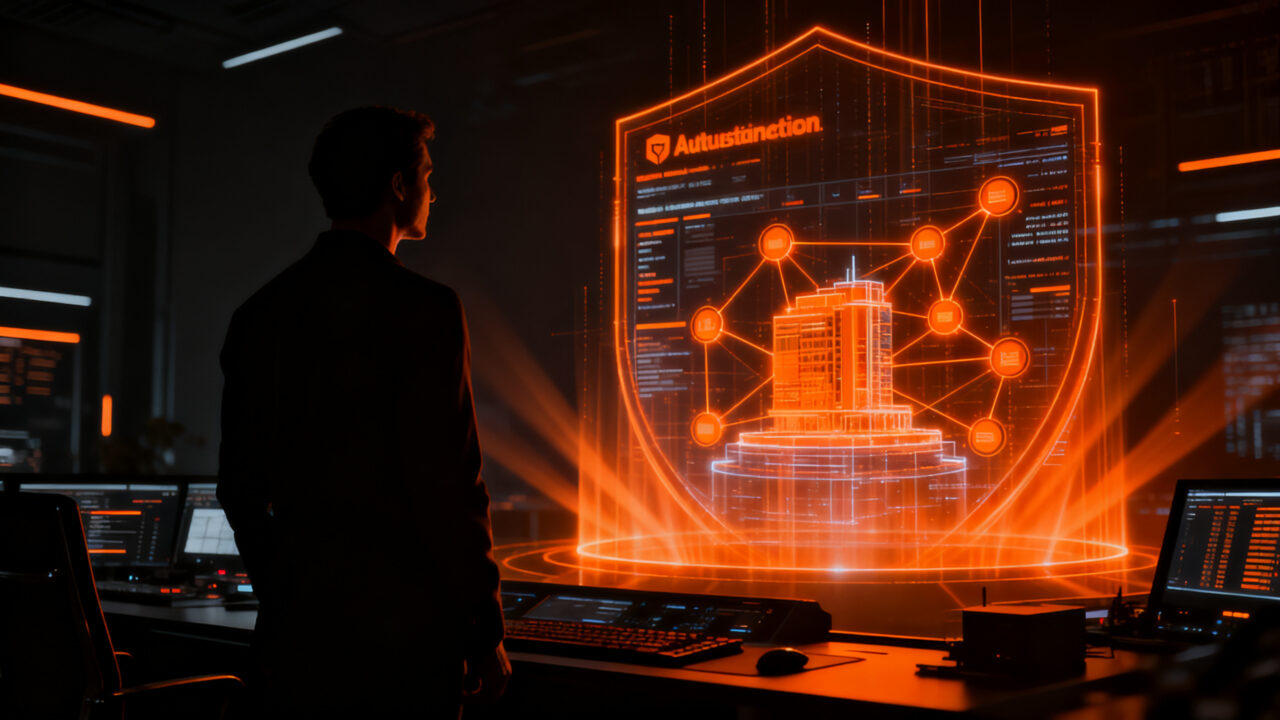 Fundador de startup revisando protocolos de seguridad Zero Trust en un panel de control digital, concepto de ciberseguridad SaaS.
