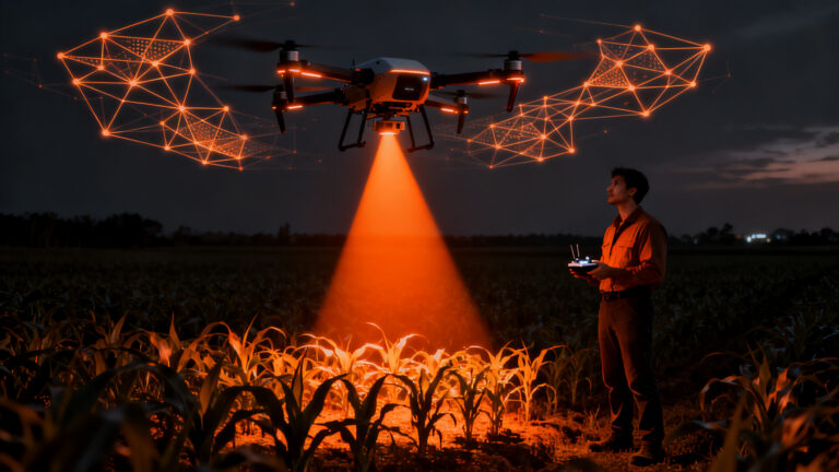 Dron agrícola realizando aplicación selectiva de precisión en cultivos, representando la innovación de la startup Tambagro en el sector agtech.