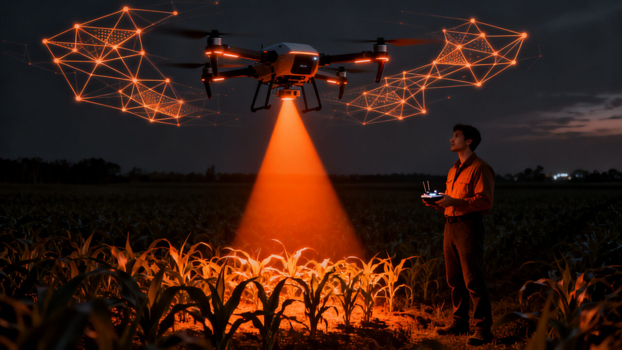 Dron agrícola realizando aplicación selectiva de precisión en cultivos, representando la innovación de la startup Tambagro en el sector agtech.