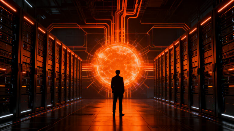Ejecutivo observando una red de datos masiva y eficiente, representando la gestión de infraestructura energética para startups frente al consumo de IA.