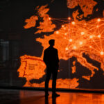 Emprendedor analizando mapa digital de talento remoto en Europa frente a España, destacando la brecha en el teletrabajo.