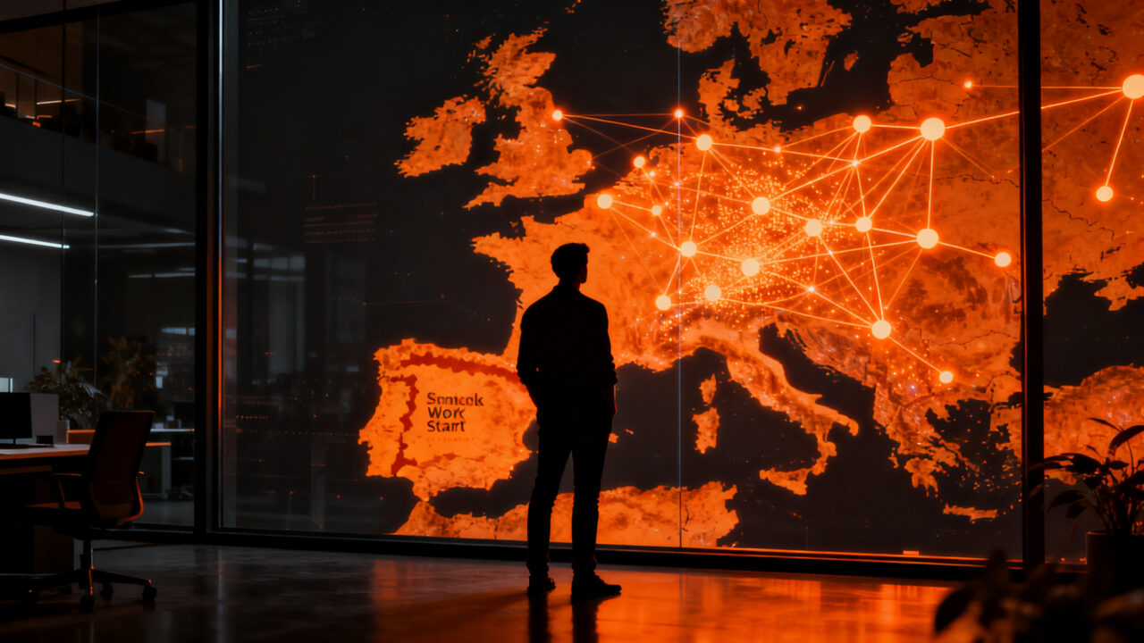 Emprendedor analizando mapa digital de talento remoto en Europa frente a España, destacando la brecha en el teletrabajo.