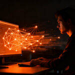 Un desarrollador trabajando en una pantalla con flujos de trabajo de automatización, representando la creación de un micro-SaaS resiliente.