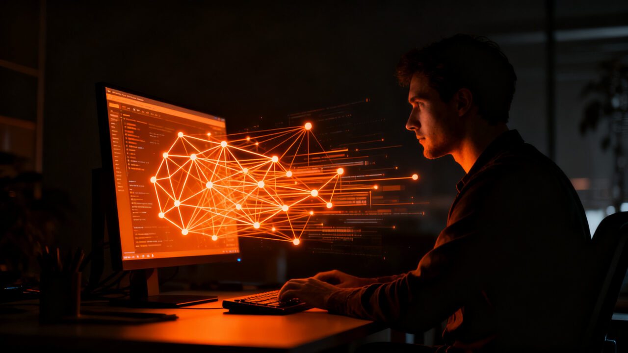 Un desarrollador trabajando en una pantalla con flujos de trabajo de automatización, representando la creación de un micro-SaaS resiliente.