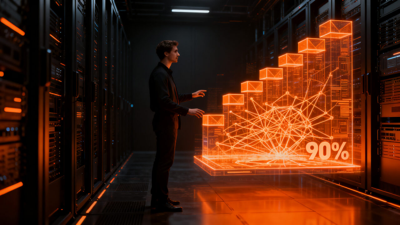El fundador de la startup argentina Teramot trabajando con infraestructura de datos impulsada por IA, representando crecimiento y escalabilidad tecnológica.
