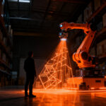 Robot industrial de IA en almacén logístico de moda, representando la automatización de la startup Theker junto a gigantes como Mango e Inditex.