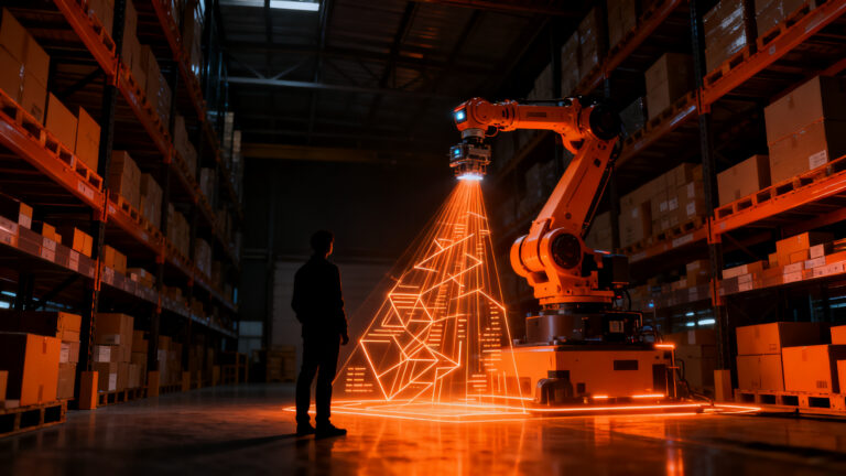 Robot industrial de IA en almacén logístico de moda, representando la automatización de la startup Theker junto a gigantes como Mango e Inditex.